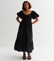 New Look Petite Black Shirred Puff Sleeve Tiered Midi Dress